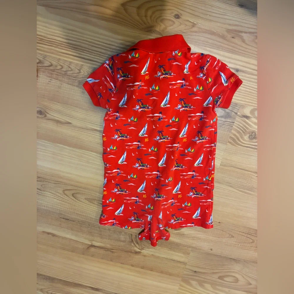 Ralph Lauren baby 9M Bright Red Sailboat Polo Romper with Tropical Print